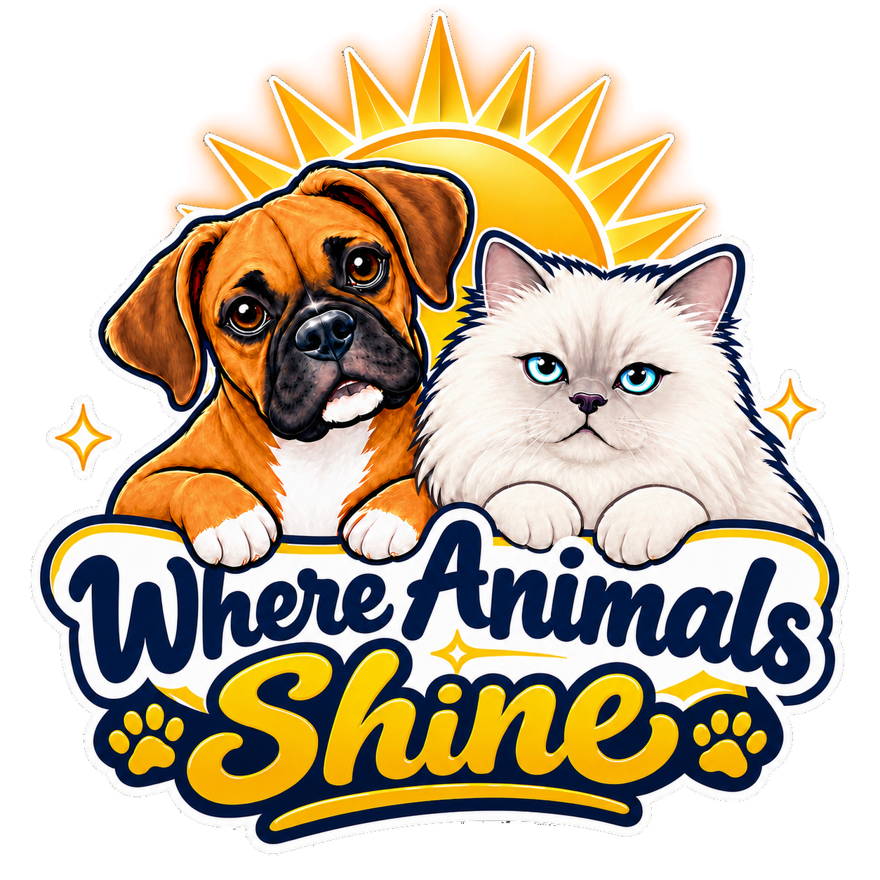 Where Animals Shine — a friendly Boxer and fluffy white cat in front of a golden sun