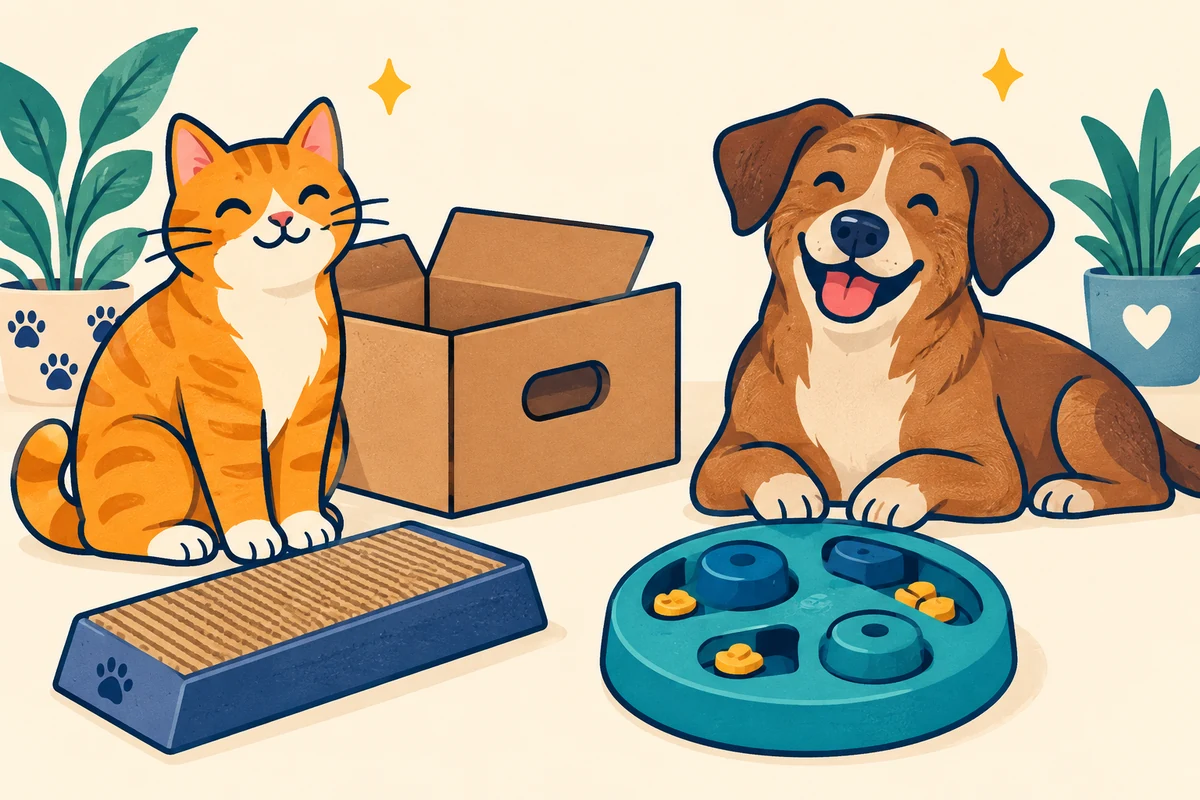 Illustration of a cat and dog beside a cardboard box, scratching pad and sturdy puzzle toy