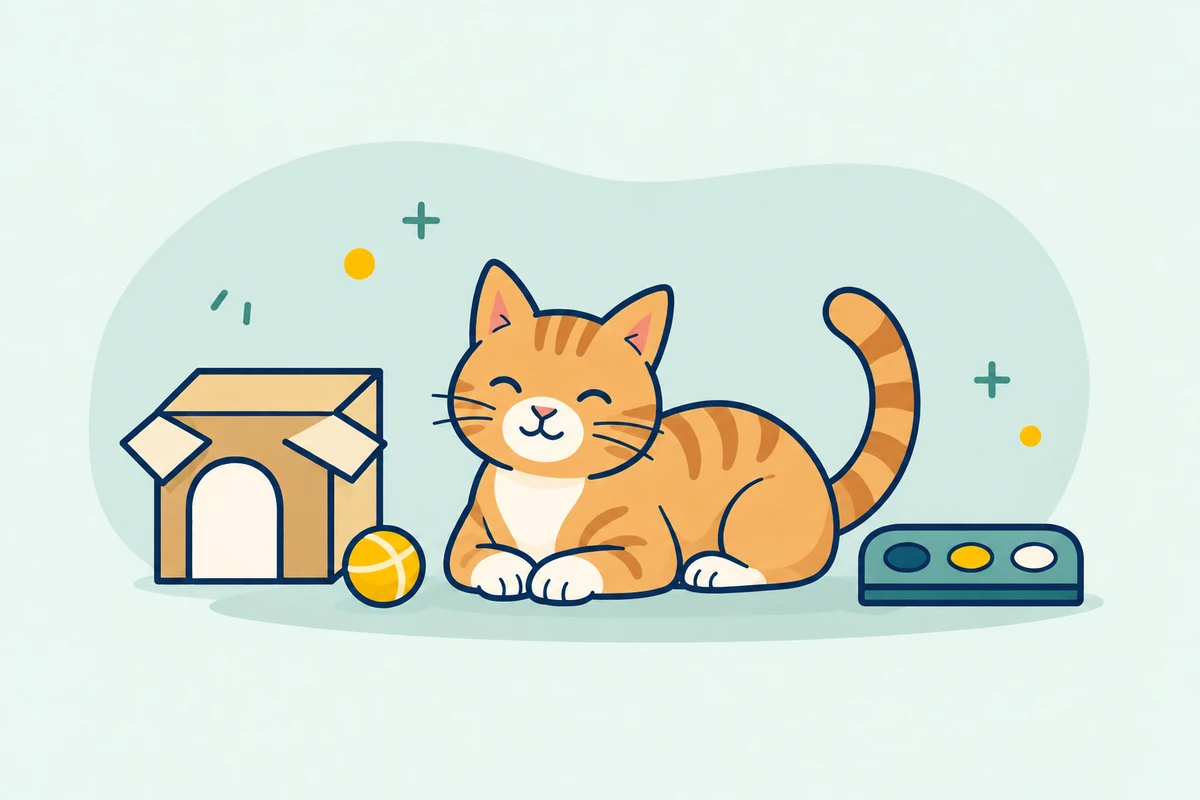 Illustration of a relaxed orange cat with a cardboard hideaway, ball, and food puzzle