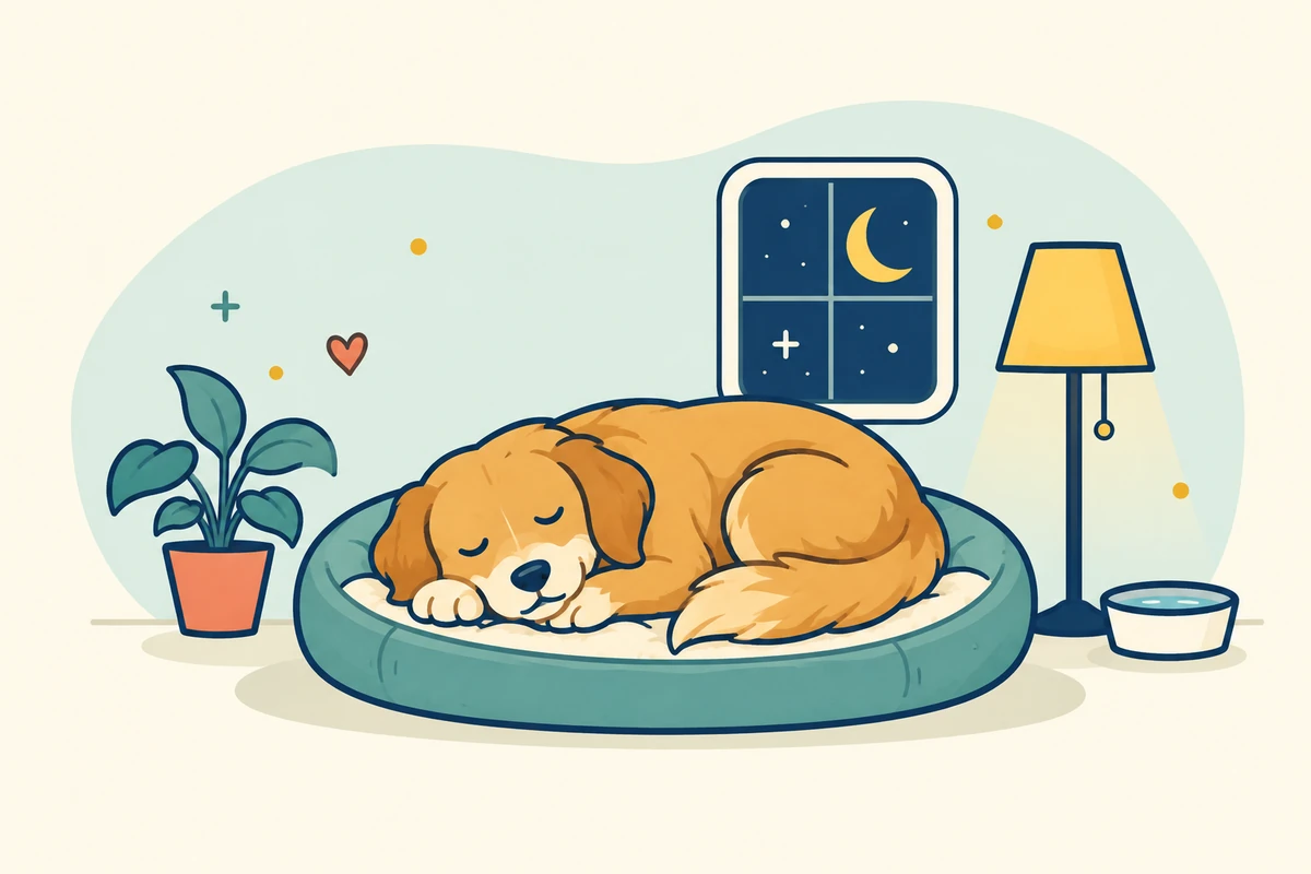 Illustration of a dog resting in a cozy bed in a quiet room