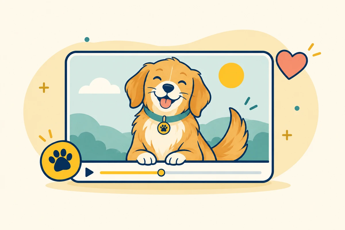 Illustration of a cheerful dog in a video player with a heart