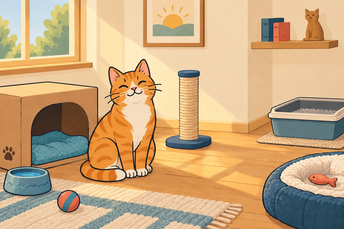 Illustration of a cat beside a box retreat, with water separated from the litter area