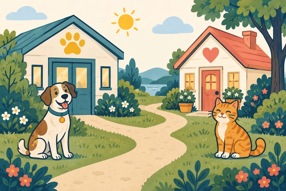 Illustration of a shelter and foster home connected by a path, with a dog and cat