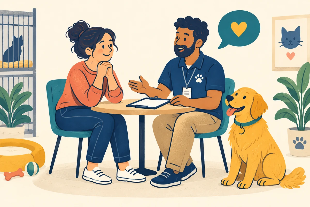 Illustration of an adopter and shelter worker talking beside a relaxed golden dog