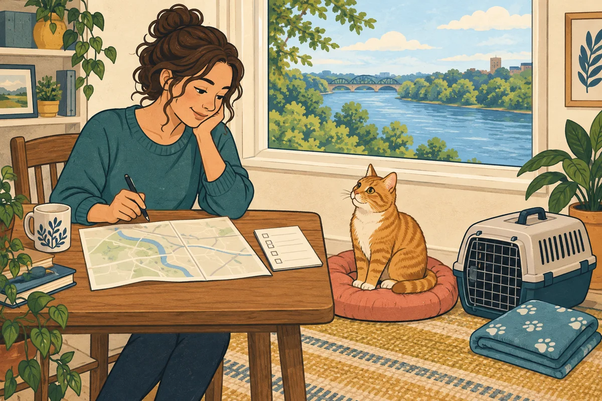 Illustration of a person planning a shelter visit at home beside a comfortable cat.