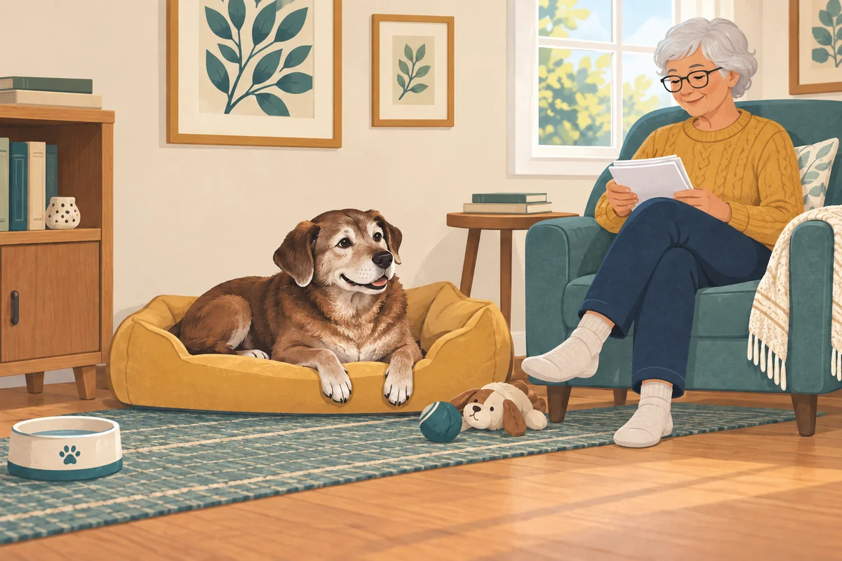Illustration of a gray-muzzled dog resting on a low bed near a person reading in a comfortable living room.