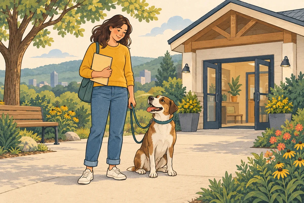 Illustration of a visitor and a relaxed dog outside a welcoming adoption center.