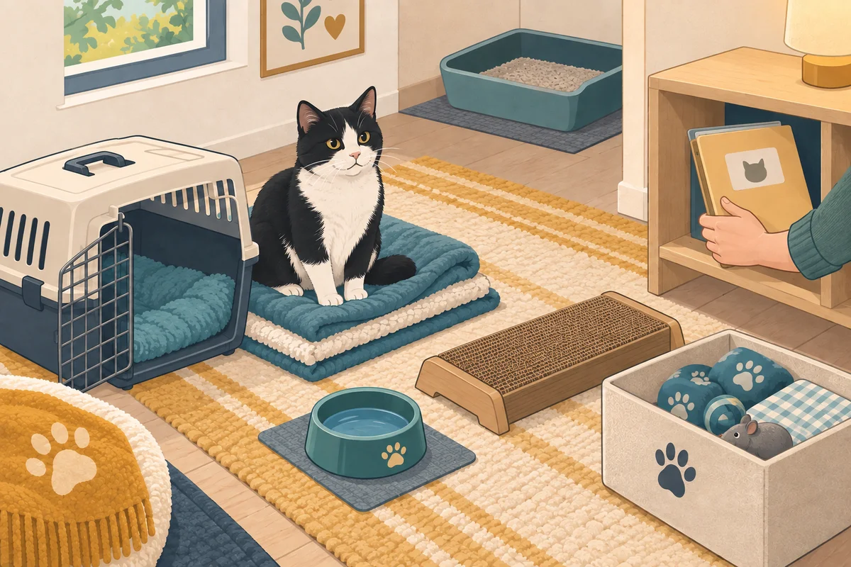 Illustration of a relaxed black-and-white cat beside a carrier and supplies in a prepared foster room.
