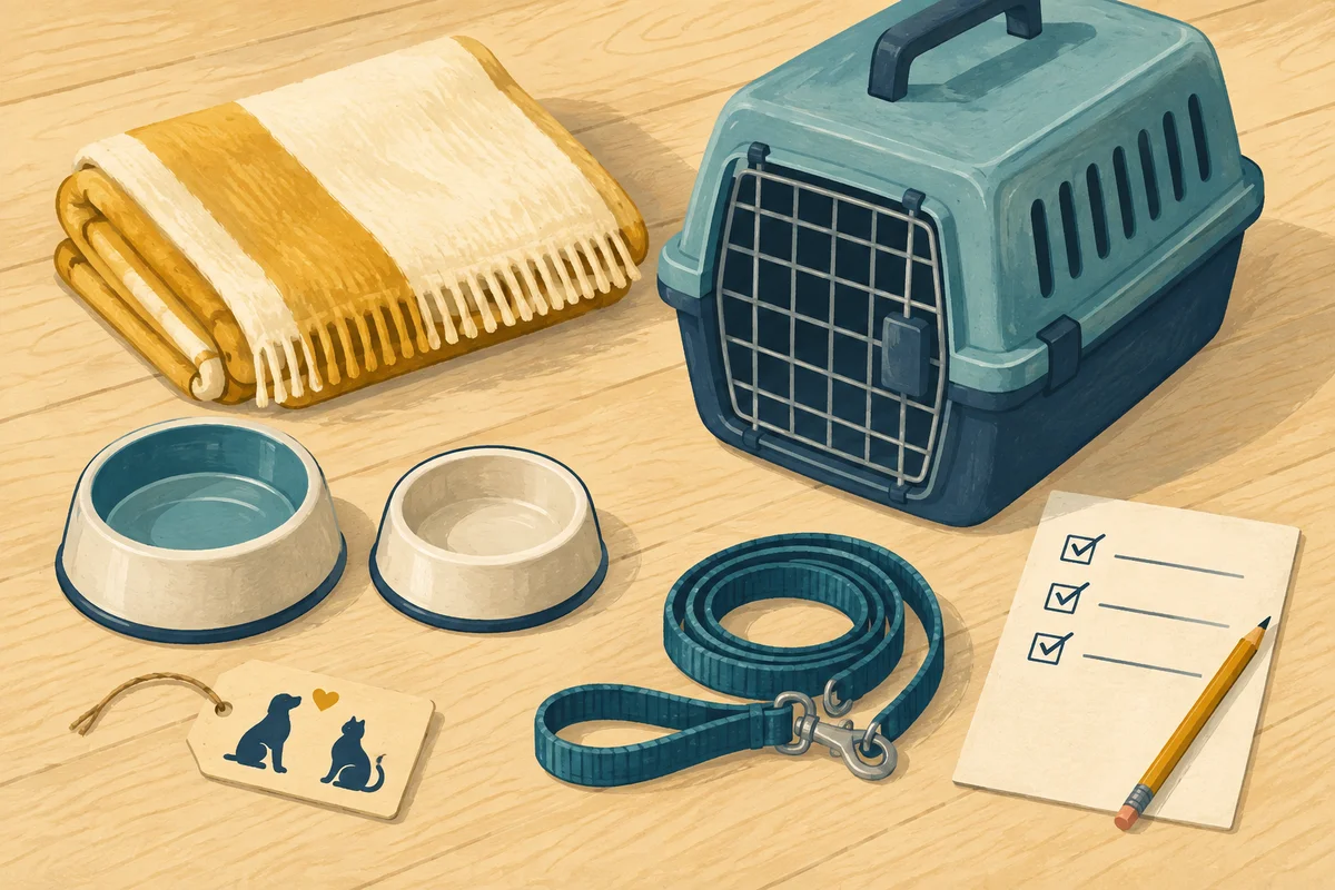 Illustration of a modest pet starter kit with two bowls, a folded blanket, a carrier, a leash and a blank checklist.