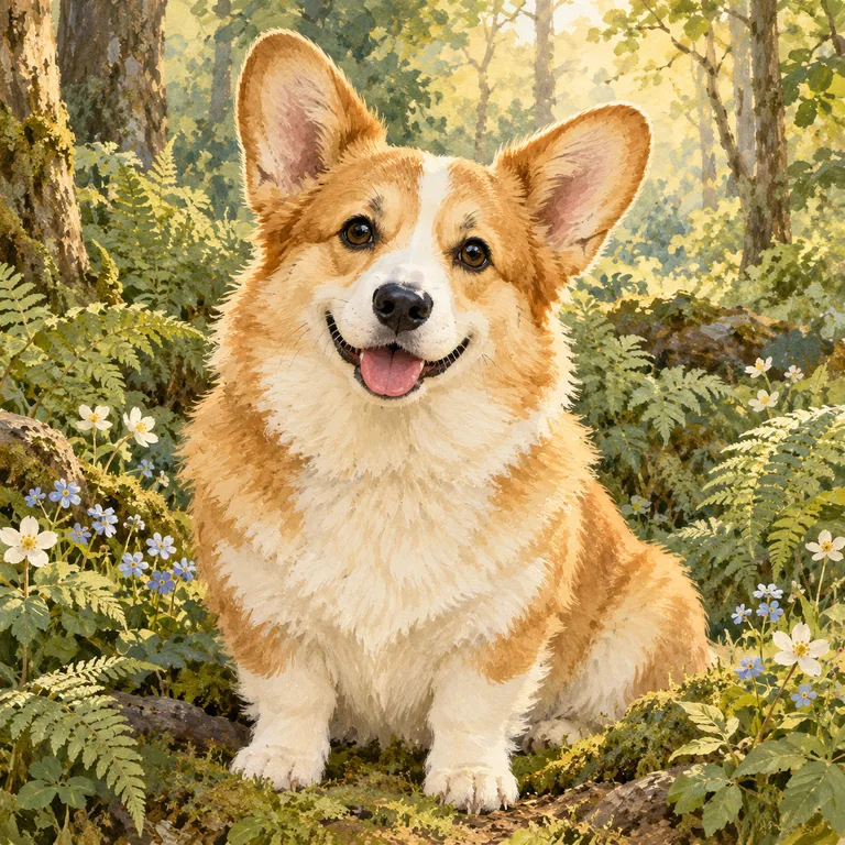 A corgi in an illustrated woodland — AI-generated style sample with your keepsake settings